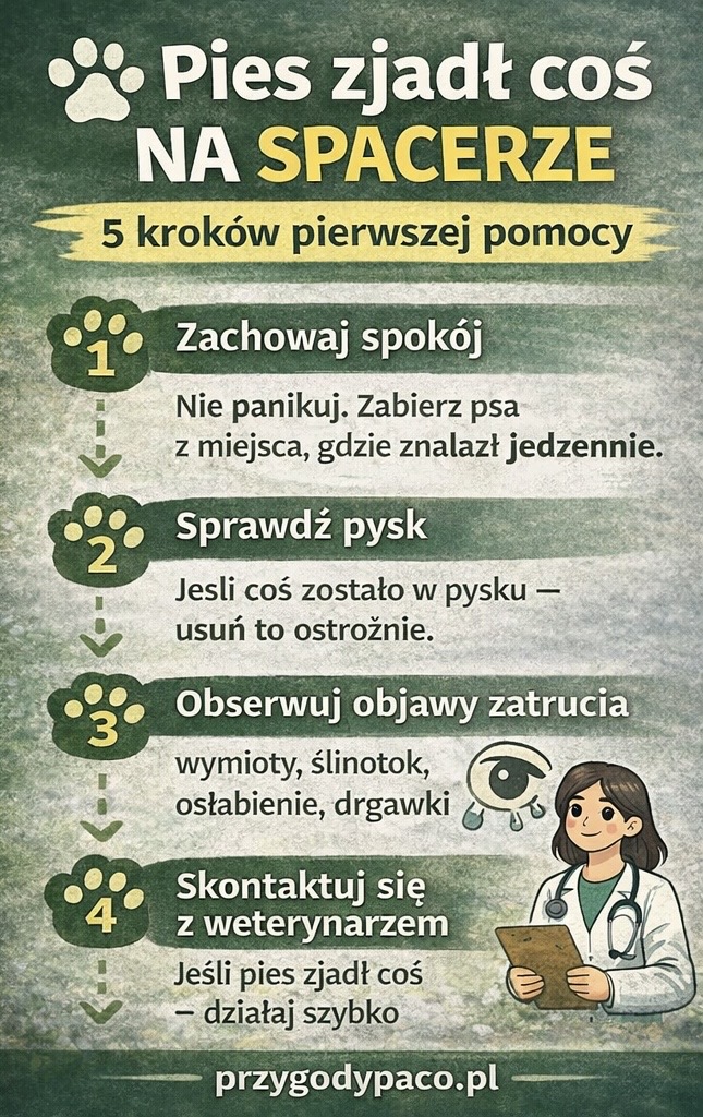 Pies zjadł coś na spacerze
